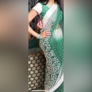 Pearl and crystal sage green sari